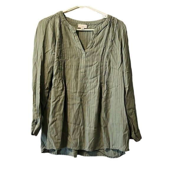 J Jill Pleated Tunic V Neck Split Hem Striped Sage Green Loose Fit Size Petite S - Picture 1 of 11